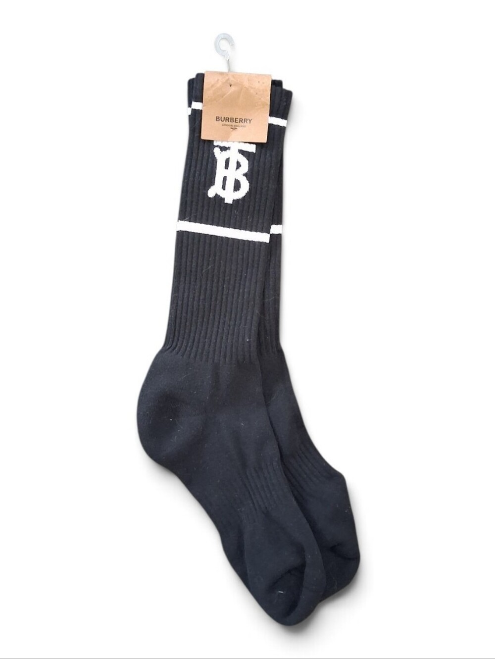 NEW Burberry TB Monogram Double Stripe Crew Socks Black White Mens Unisex Size L